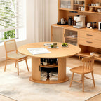Wildhome 63" Extendable Round Dining Table for 2-6, Farmhouse Oval Table with 2-Tier Storage Shelf & Sliding Door, Oak