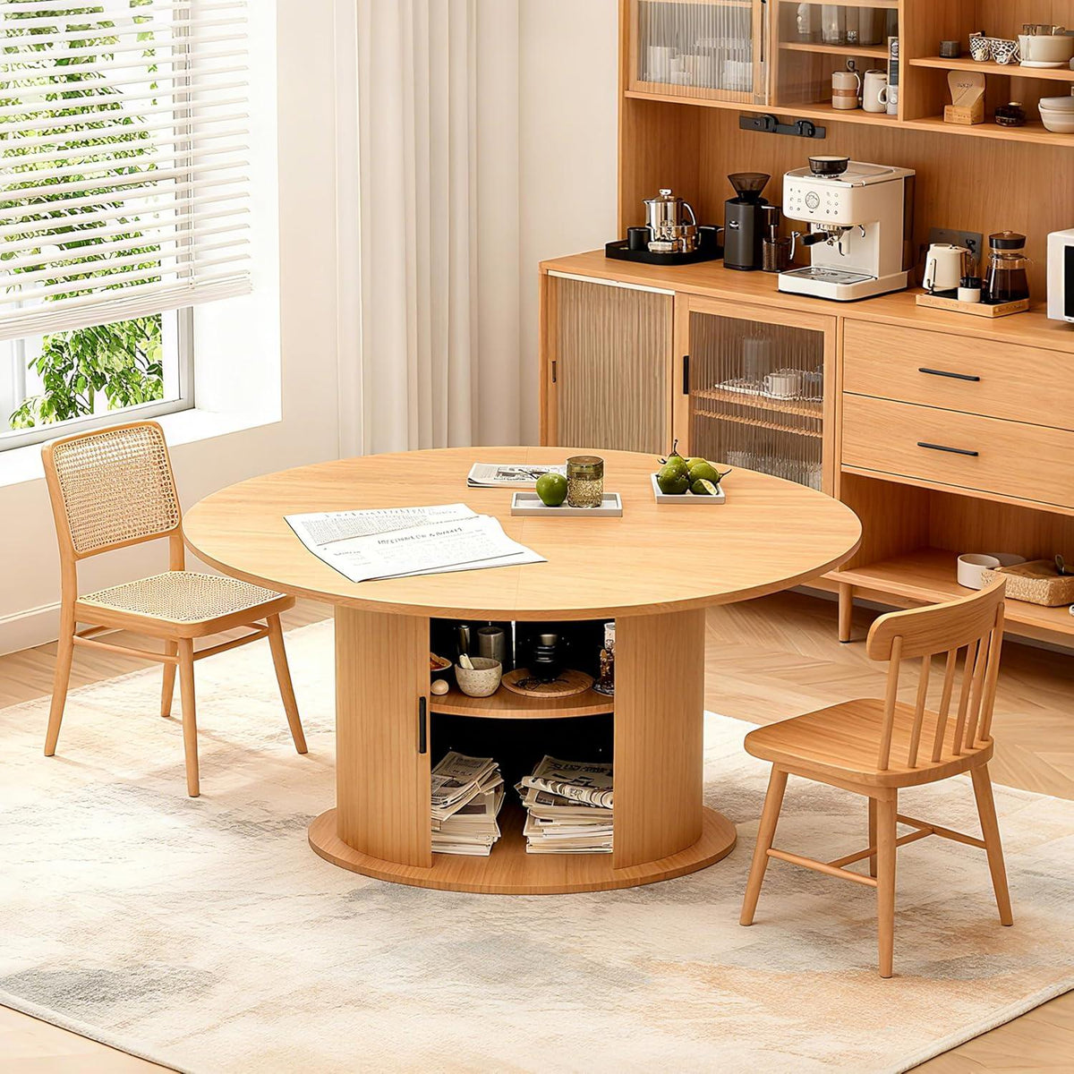 Wildhome 63" Extendable Round Dining Table for 2-6, Farmhouse Oval Table with 2-Tier Storage Shelf & Sliding Door, Oak