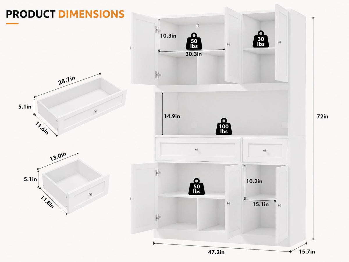 72" White Farmhouse Kitchen Pantry Cabinet Hutch, Microwave Stand, Storage Shelves
