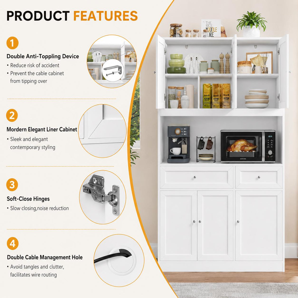 72" White Farmhouse Kitchen Pantry Cabinet Hutch, Microwave Stand, Storage Shelves