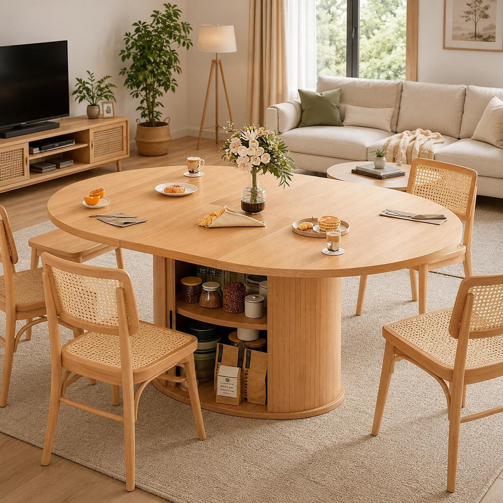 Wildhome 63" Extendable Round Dining Table for 2-6, Farmhouse Oval Table with 2-Tier Storage Shelf & Sliding Door, Oak