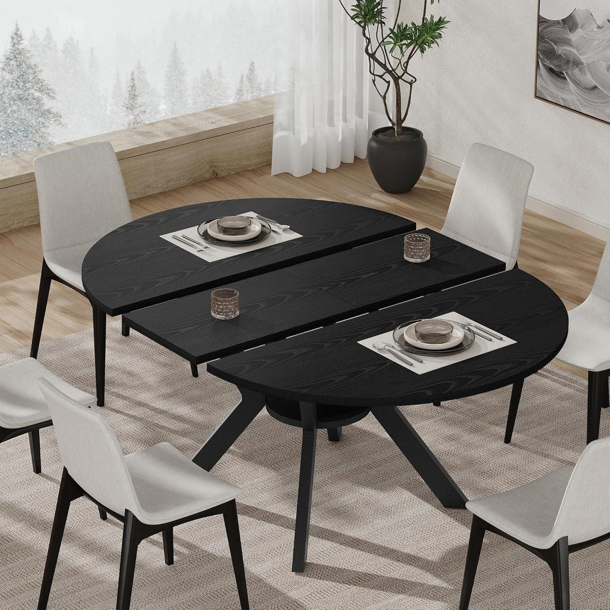 42"-58" Extendable Round Dining Table for 4-6, Oval Kitchen Table with Hidden Leaf, Storage Shelf & Metal Legs, Space-Saving Design