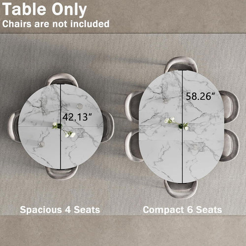 42"-58" Extendable Round Dining Table for 4-6, Oval Kitchen Table with Hidden Leaf, Storage Shelf & Metal Legs, Space-Saving Design