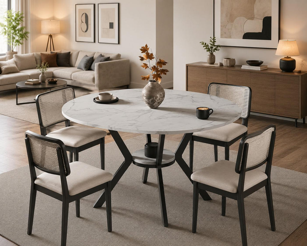 42"-58" Extendable Round Dining Table for 4-6, Oval Kitchen Table with Hidden Leaf, Storage Shelf & Metal Legs, Space-Saving Design