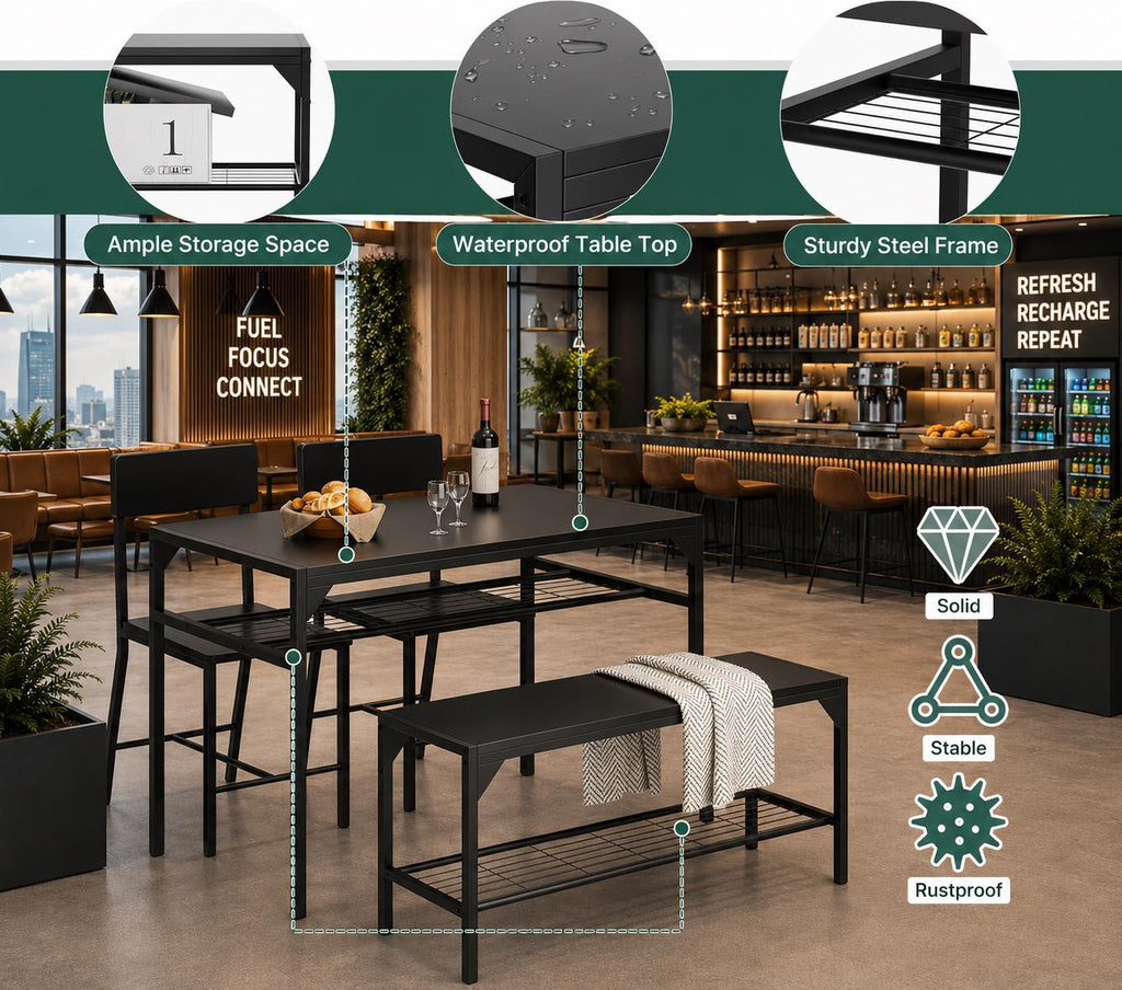 4-Piece Dining Set, Metal Frame Table with Bench and Chairs, Storage Rack