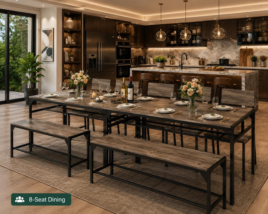 4-Piece Dining Set, Metal Frame Table with Bench and Chairs, Storage Rack