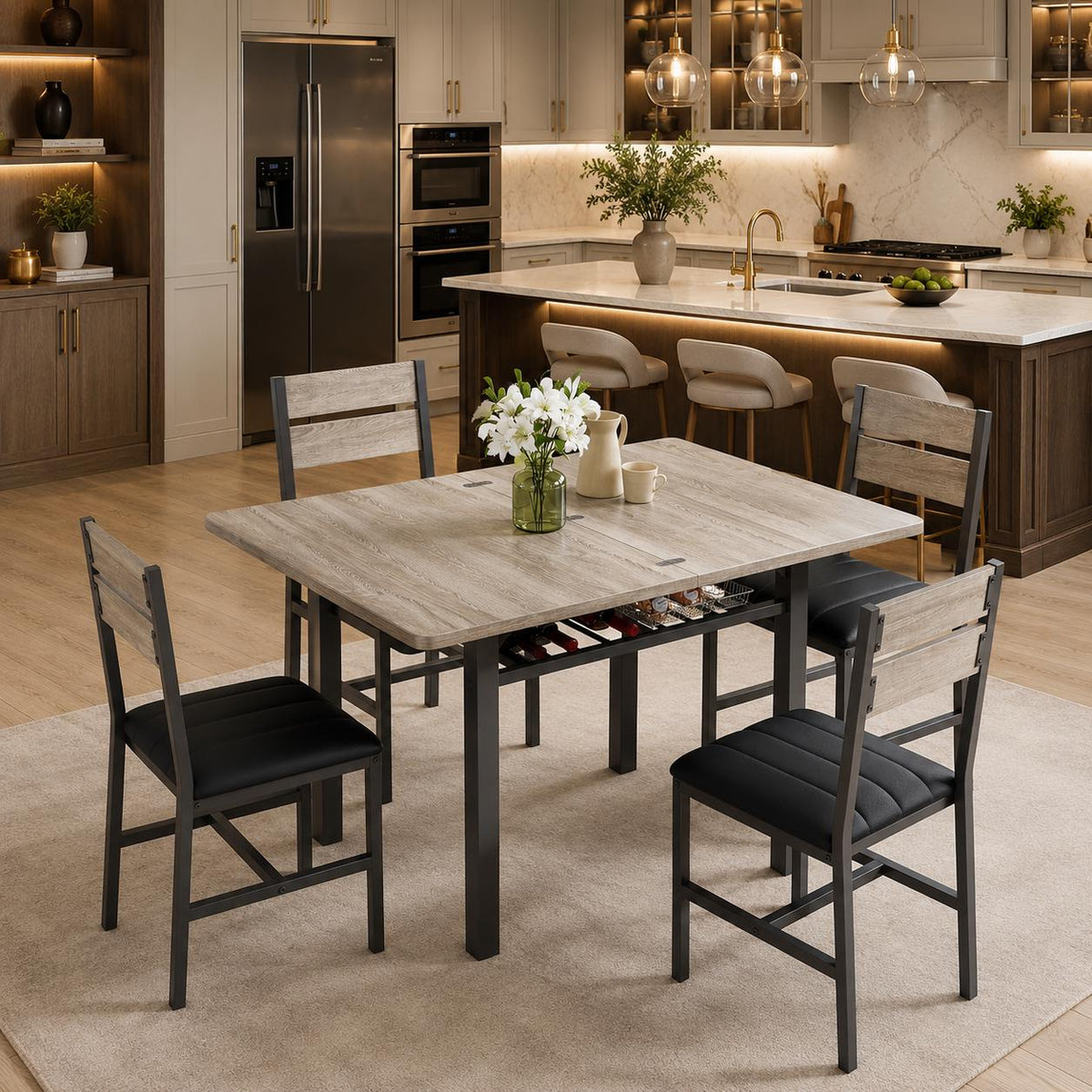 MapleGrace Extendable Dining Table for 4 with 4 PU Leather Chairs, Wood Kitchen Table with Storage Rack, Rustic Brown Space-Saving Dining
