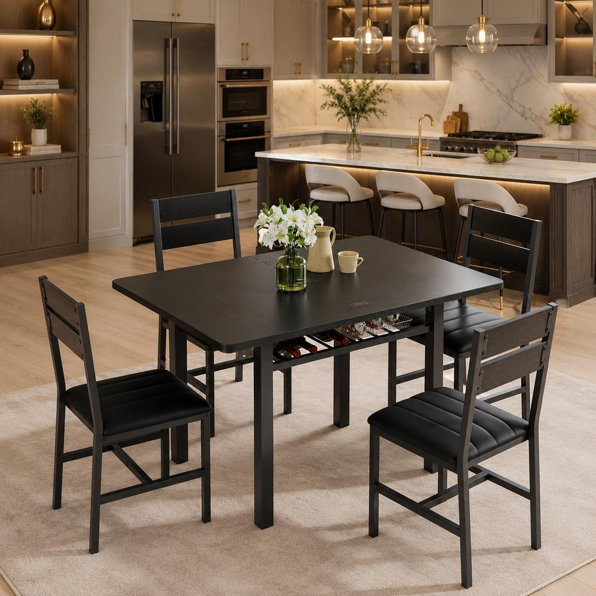 MapleGrace Extendable Dining Table for 4 with 4 PU Leather Chairs, Wood Kitchen Table with Storage Rack, Rustic Brown Space-Saving Dining