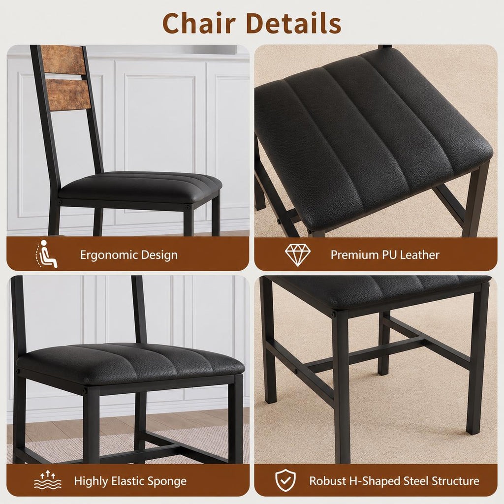 MapleGrace Extendable Dining Table for 4 with 4 PU Leather Chairs, Wood Kitchen Table with Storage Rack, Rustic Brown Space-Saving Dining