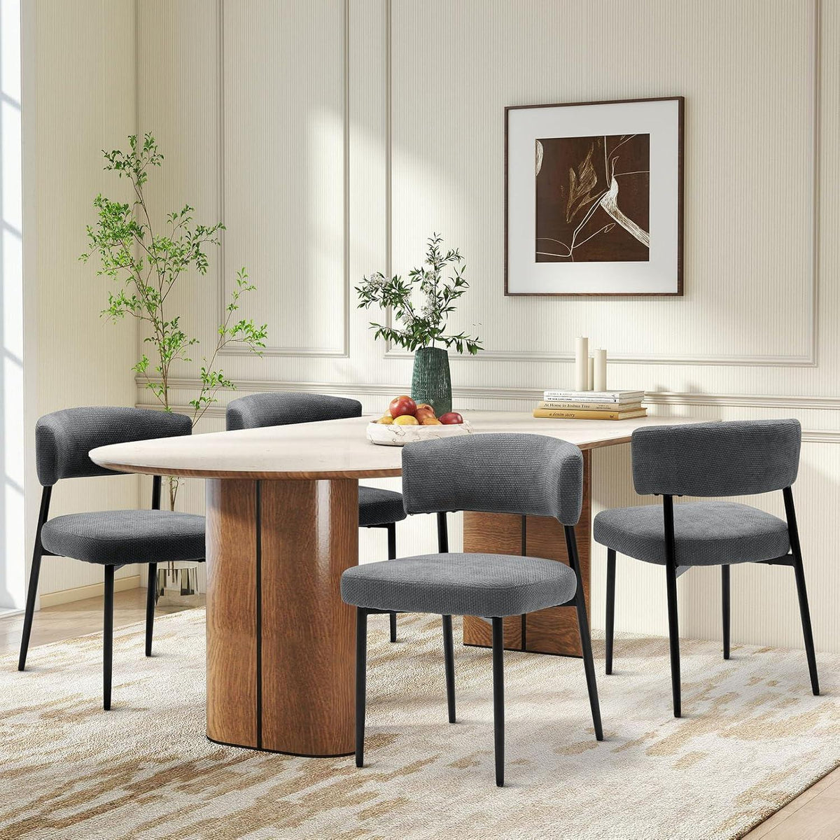 DUMOS Set of 4 Dining Chairs, Mid Century Modern Upholstered Boucle Chairs with Curved Backrest, Black Metal Legs Kitchen & Living Room