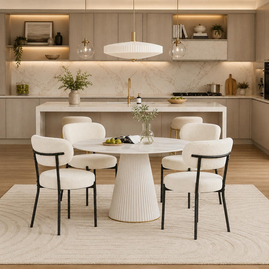 DUMOS Set of 4 Dining Chairs, Mid Century Modern Upholstered Boucle Chairs with Curved Backrest, Black Metal Legs Kitchen & Living Room