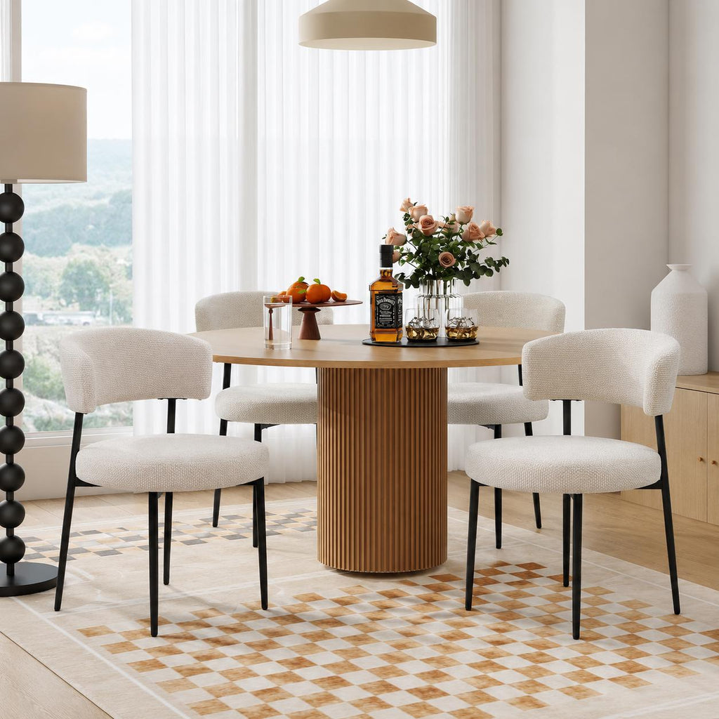 DUMOS Set of 4 Dining Chairs, Mid Century Modern Upholstered Boucle Chairs with Curved Backrest, Black Metal Legs Kitchen & Living Room