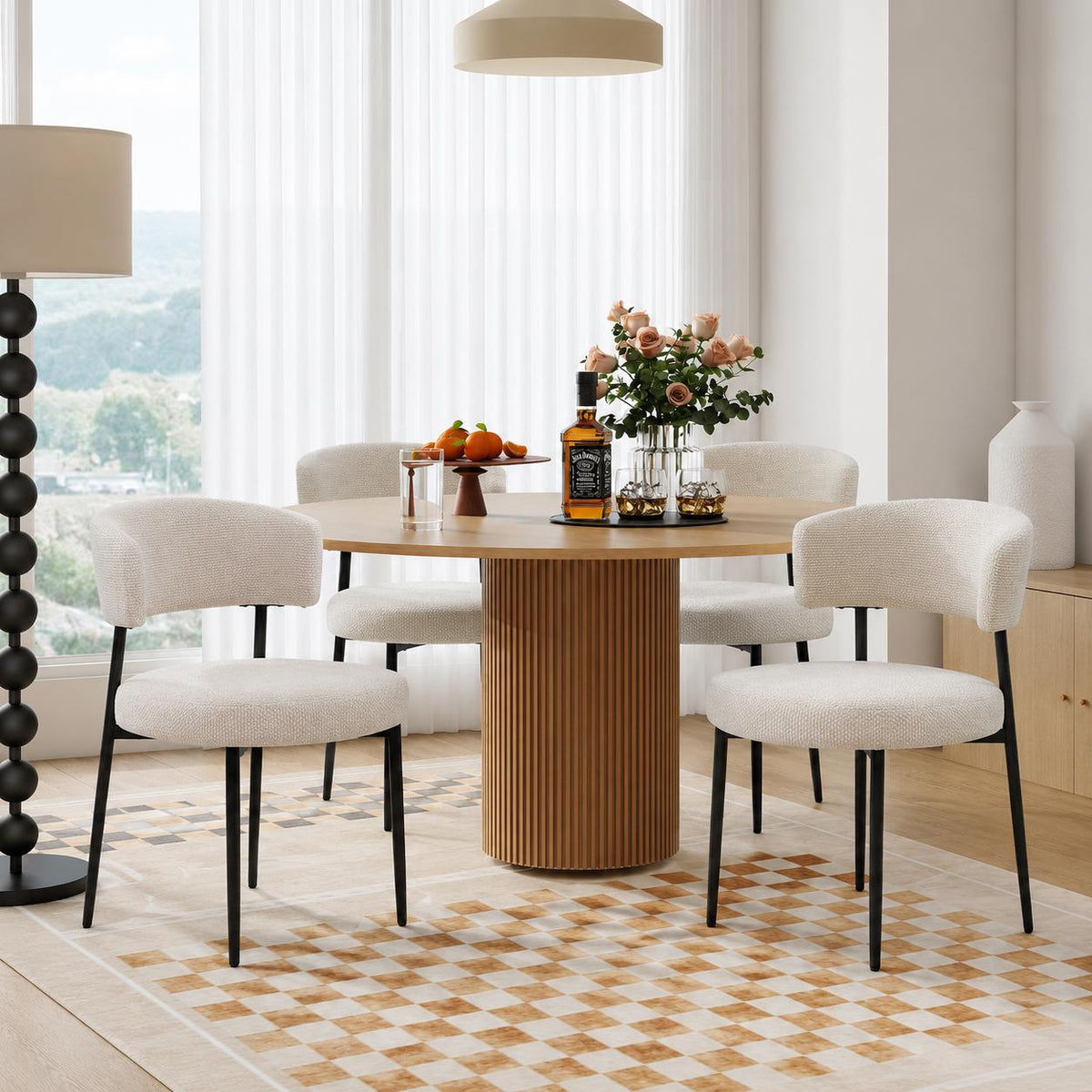 DUMOS Set of 4 Dining Chairs, Mid Century Modern Upholstered Boucle Chairs with Curved Backrest, Black Metal Legs Kitchen & Living Room