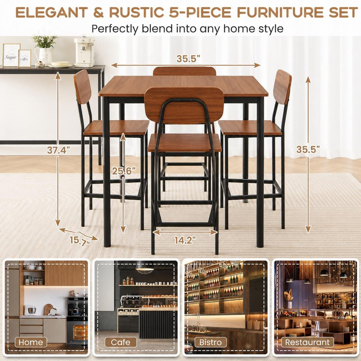 Giantex 5-Piece Counter Height Dining Table Set with 4 Bar Stools, Industrial Kitchen Dinette Set, Space Saving Dining Furniture