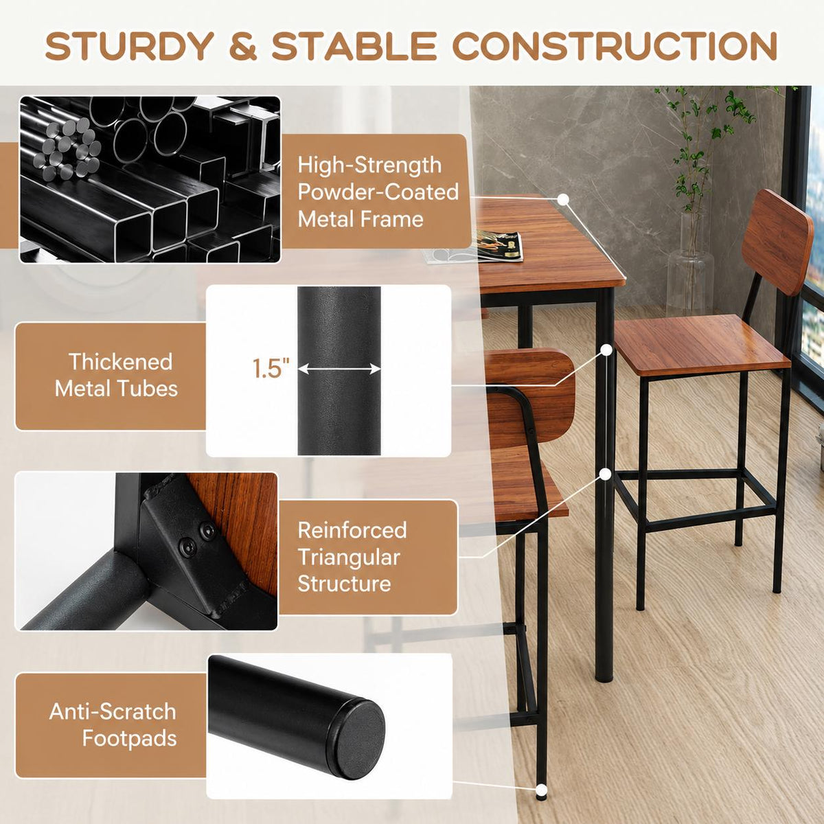 Giantex 5-Piece Counter Height Dining Table Set with 4 Bar Stools, Industrial Kitchen Dinette Set, Space Saving Dining Furniture