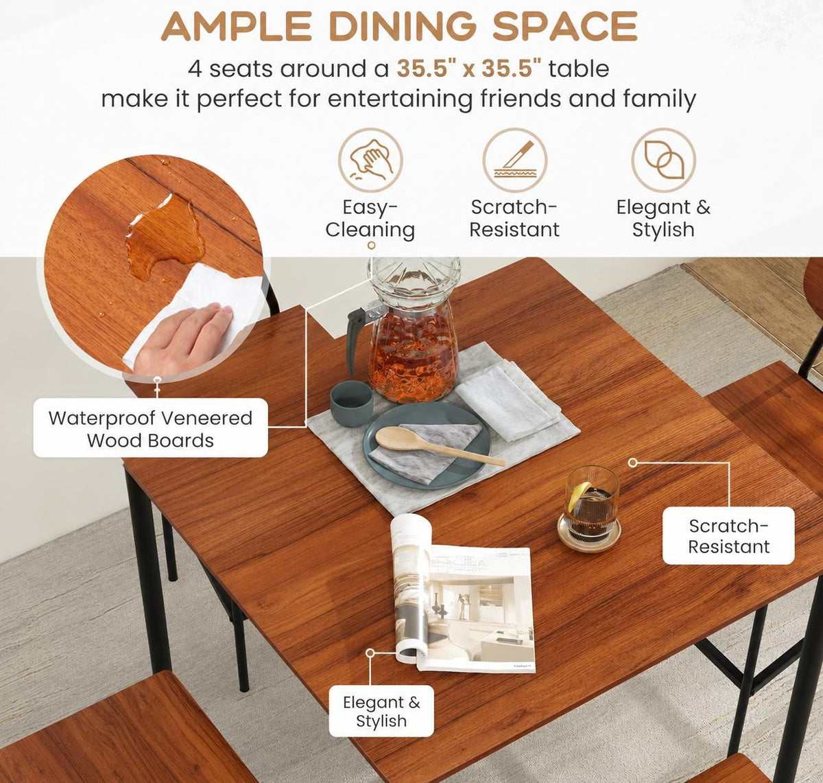 Giantex 5-Piece Counter Height Dining Table Set with 4 Bar Stools, Industrial Kitchen Dinette Set, Space Saving Dining Furniture
