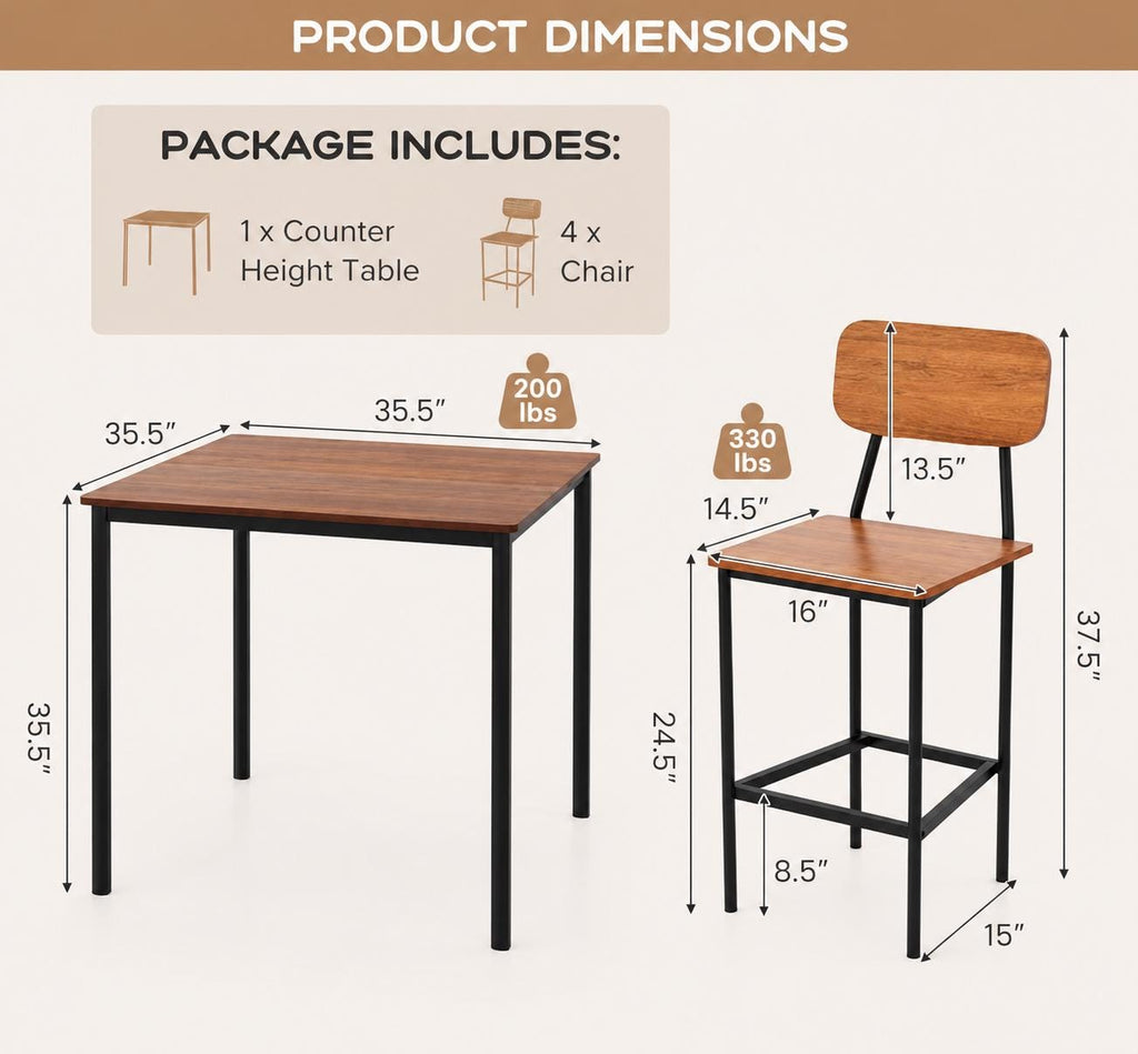 Giantex 5-Piece Counter Height Dining Table Set with 4 Bar Stools, Industrial Kitchen Dinette Set, Space Saving Dining Furniture