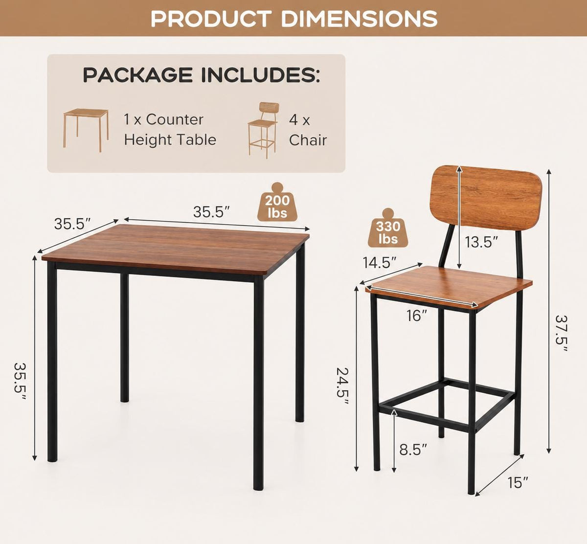 Giantex 5-Piece Counter Height Dining Table Set with 4 Bar Stools, Industrial Kitchen Dinette Set, Space Saving Dining Furniture