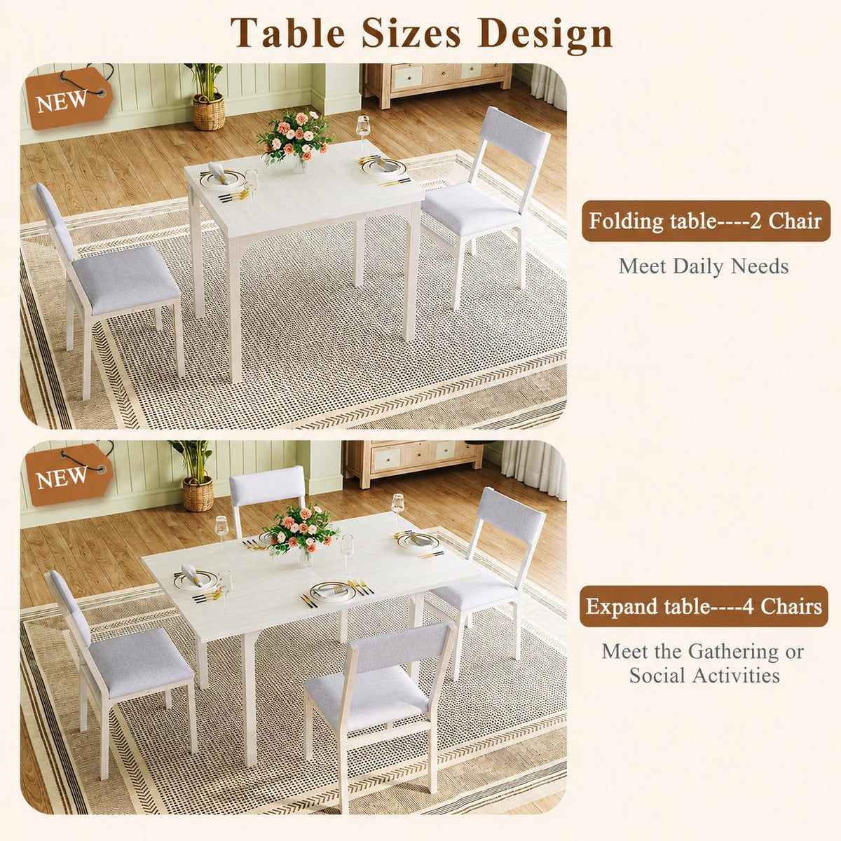 HUAHUU 5-Piece Extendable Dining Table Set for 4, Foldable Kitchen Table with 4 Upholstered Cushion Chairs, Rectangle Dining Set