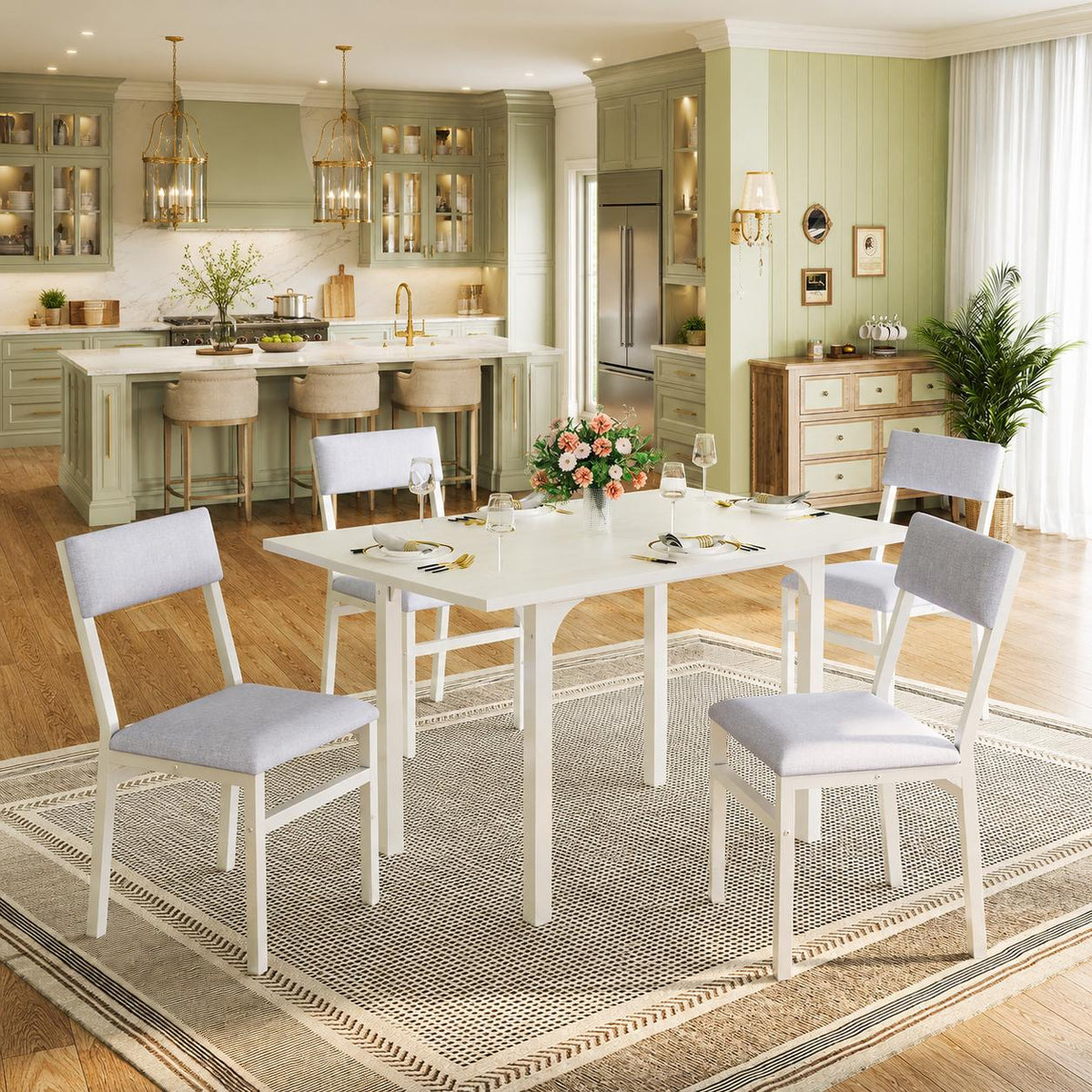 HUAHUU 5-Piece Extendable Dining Table Set for 4, Foldable Kitchen Table with 4 Upholstered Cushion Chairs, Rectangle Dining Set
