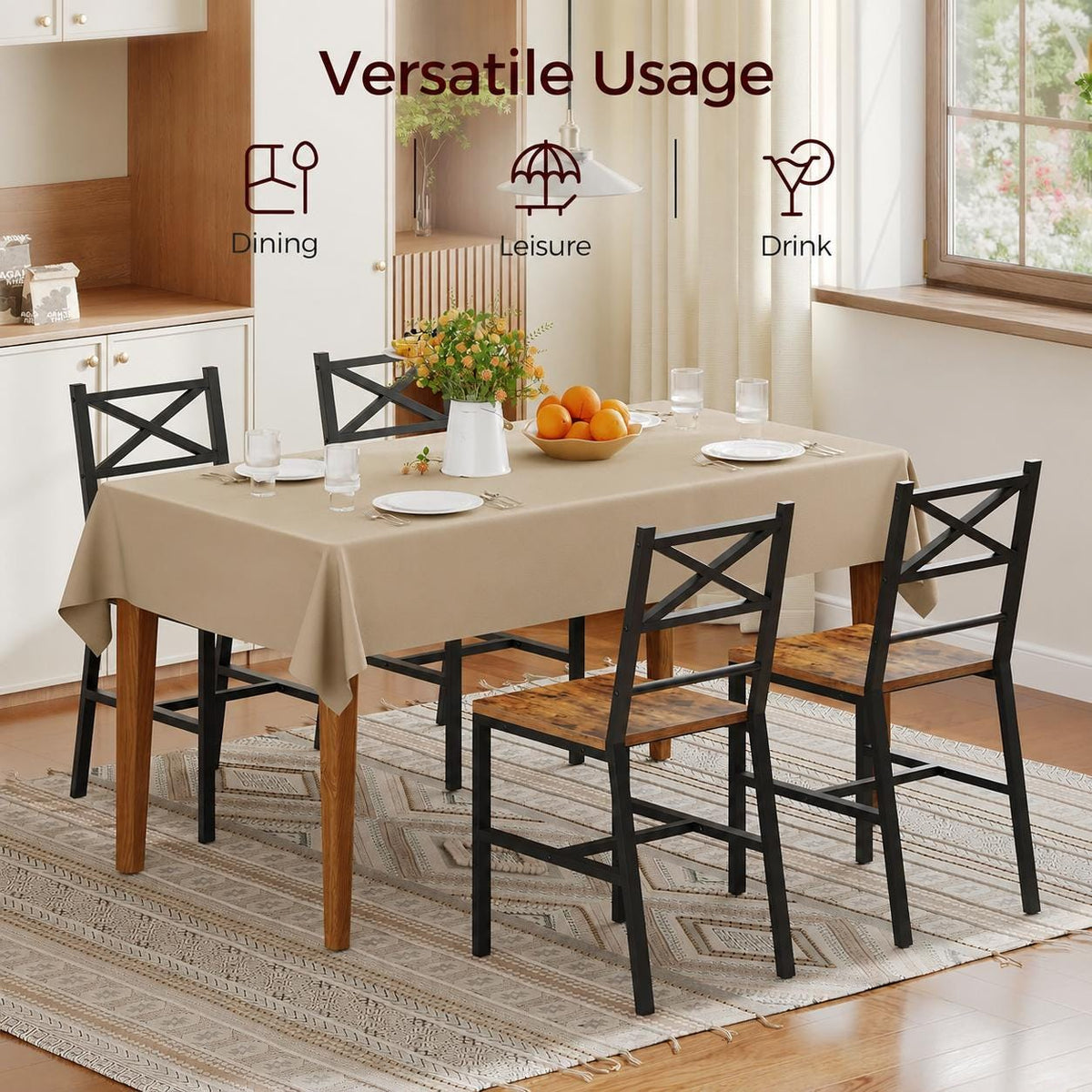 MAHANCRIS Rustic Dining Chair Set of 4 – Farmhouse Wooden Kitchen Chairs with Ergonomic Backrest, Industrial Metal Frame,