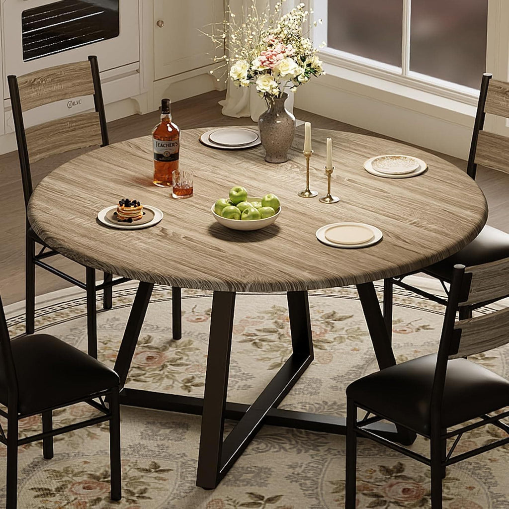 Garvee Round Dining Table Set – 5 Piece Rustic Brown Kitchen Furniture