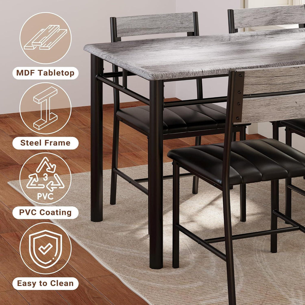 IRONCK Dining Table Set for 4 – Grey Wood Kitchen Table & Upholstered Chairs, 5 Piece Space Saving Dining Set, Industrial Style Small Spaces