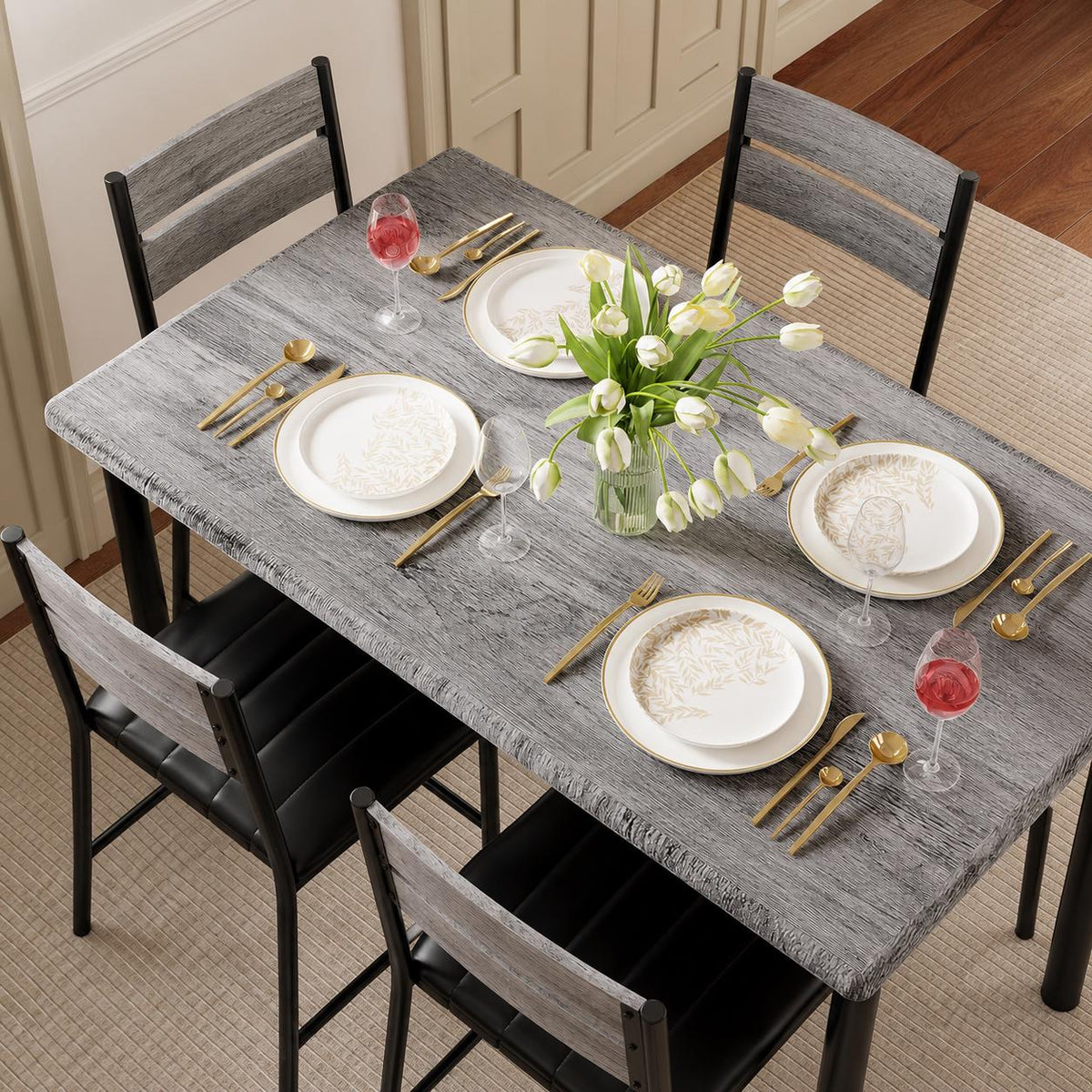 IRONCK Dining Table Set for 4 – Grey Wood Kitchen Table & Upholstered Chairs, 5 Piece Space Saving Dining Set, Industrial Style Small Spaces