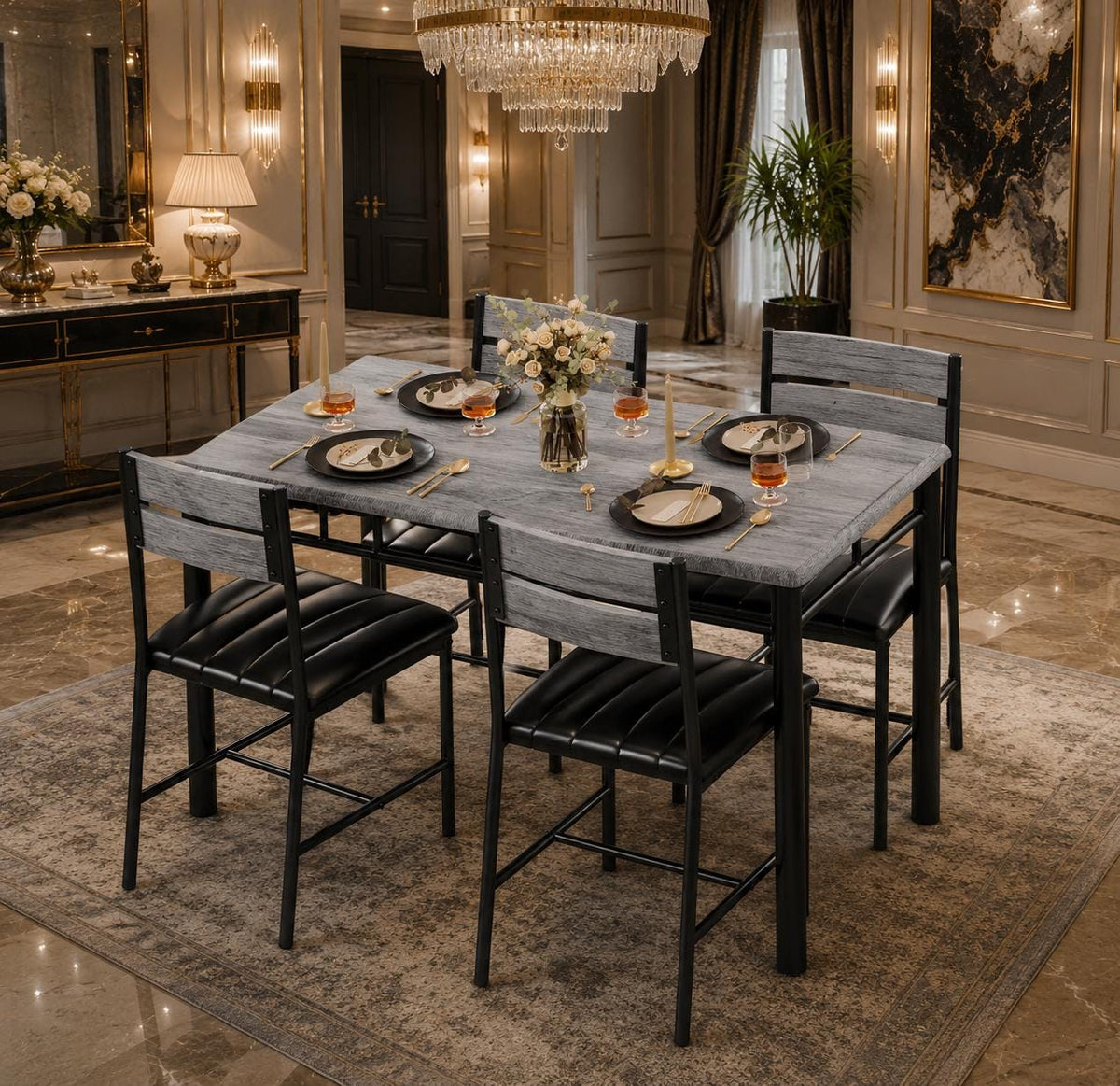 IRONCK Dining Table Set for 4 – Grey Wood Kitchen Table & Upholstered Chairs, 5 Piece Space Saving Dining Set, Industrial Style Small Spaces