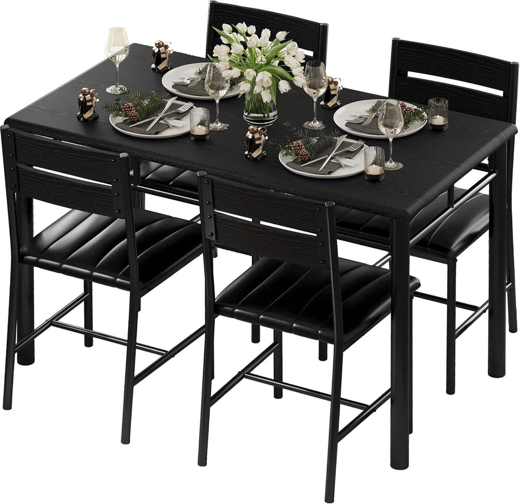 IRONCK Dining Table Set for 4 – Grey Wood Kitchen Table & Upholstered Chairs, 5 Piece Space Saving Dining Set, Industrial Style Small Spaces