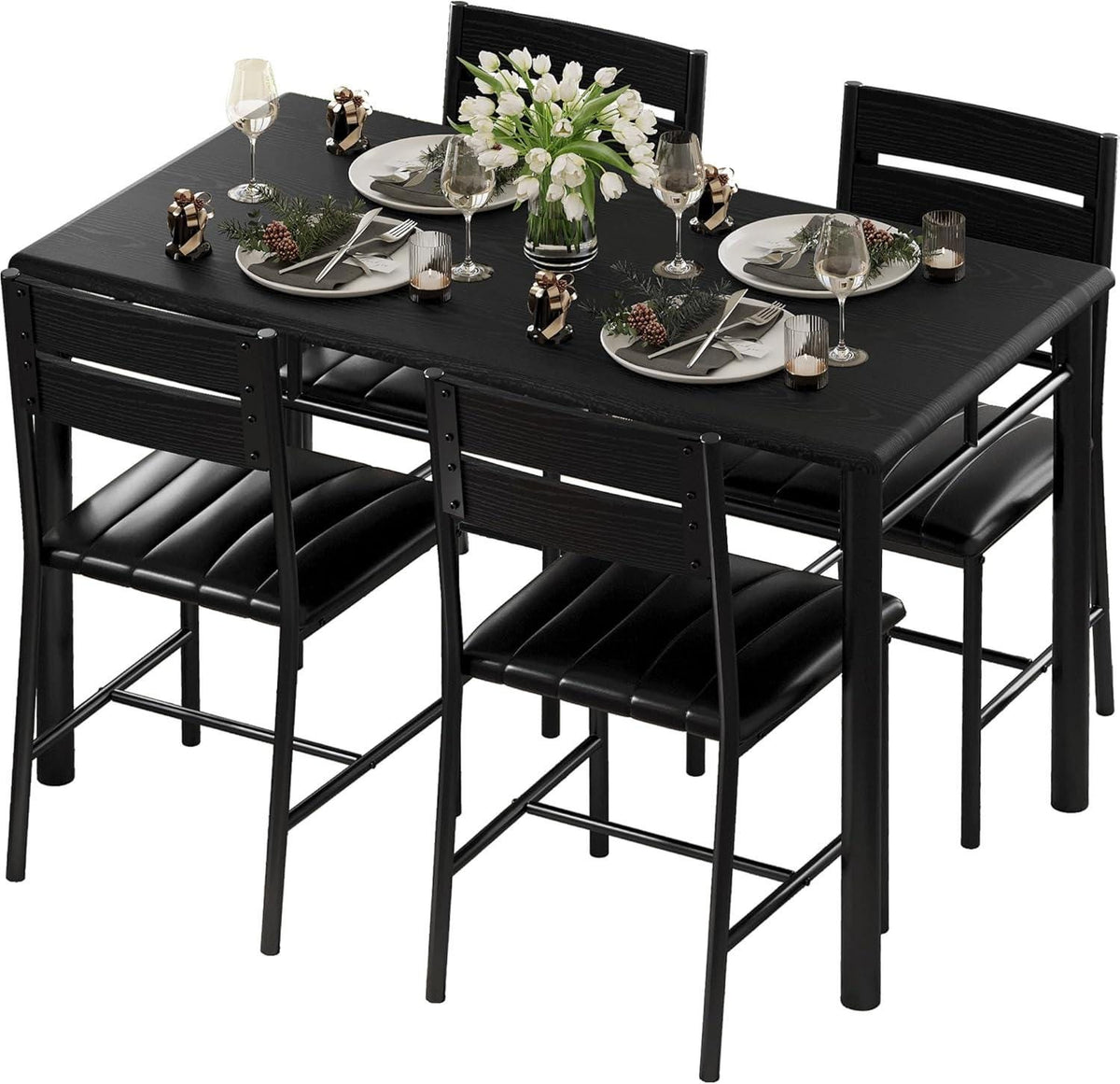 IRONCK Dining Table Set for 4 – Grey Wood Kitchen Table & Upholstered Chairs, 5 Piece Space Saving Dining Set, Industrial Style Small Spaces