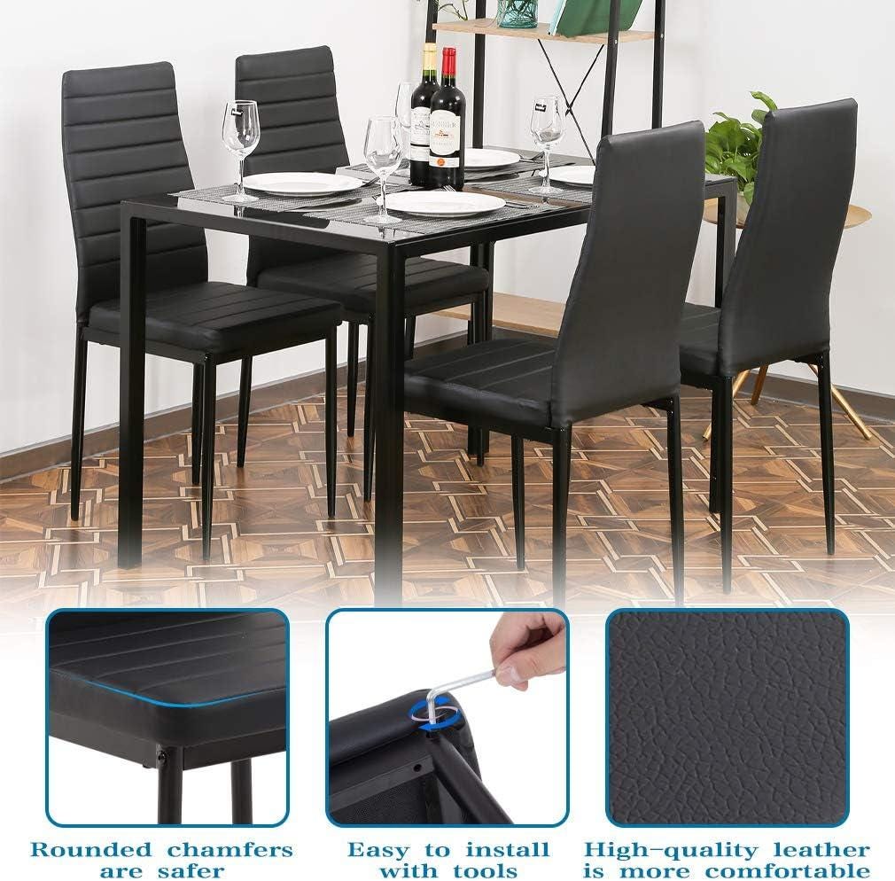 FDW 5-Piece Glass Dining Table Set for 4, Modern Black Kitchen Table 4 Upholstered Faux Leather Chairs, Space-Saving Dining Room Furniture,