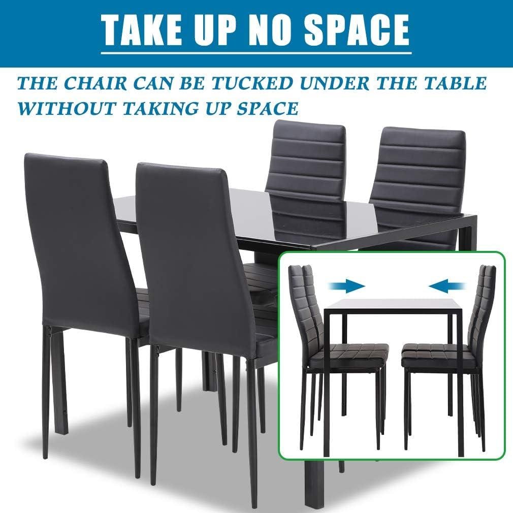 FDW 5-Piece Glass Dining Table Set for 4, Modern Black Kitchen Table 4 Upholstered Faux Leather Chairs, Space-Saving Dining Room Furniture,