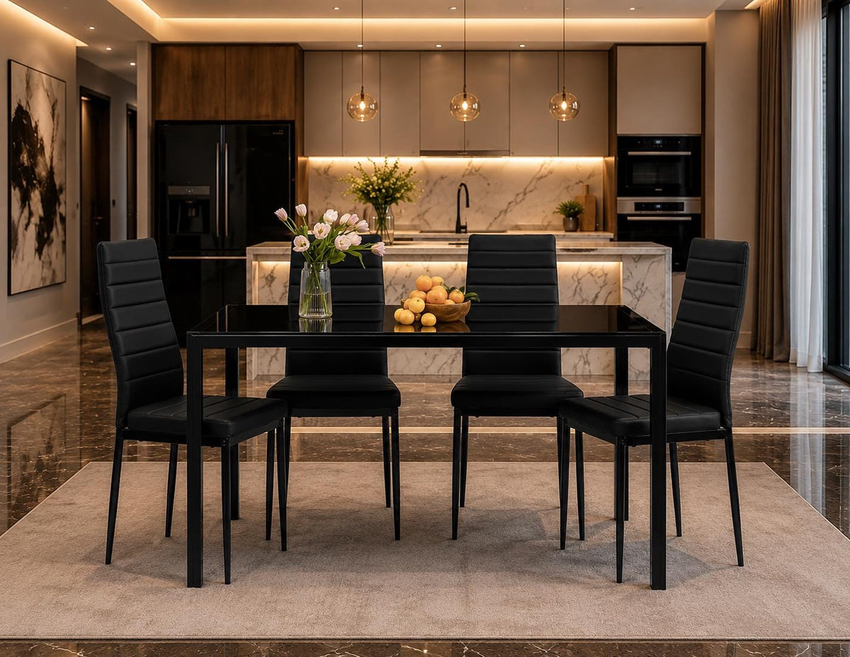 FDW 5-Piece Glass Dining Table Set for 4, Modern Black Kitchen Table 4 Upholstered Faux Leather Chairs, Space-Saving Dining Room Furniture,