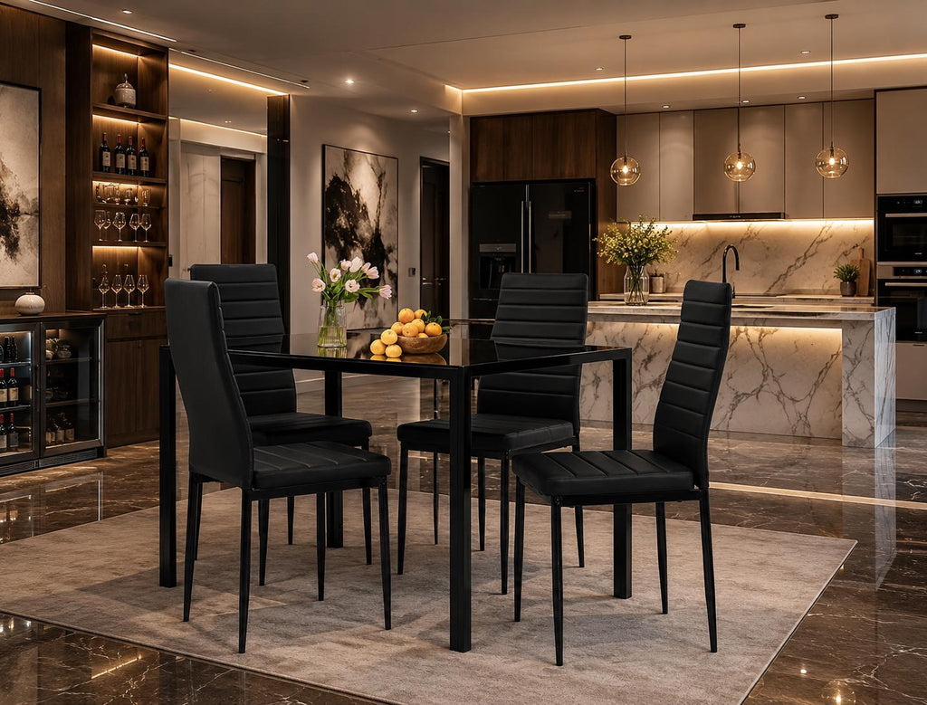 FDW 5-Piece Glass Dining Table Set for 4, Modern Black Kitchen Table 4 Upholstered Faux Leather Chairs, Space-Saving Dining Room Furniture,