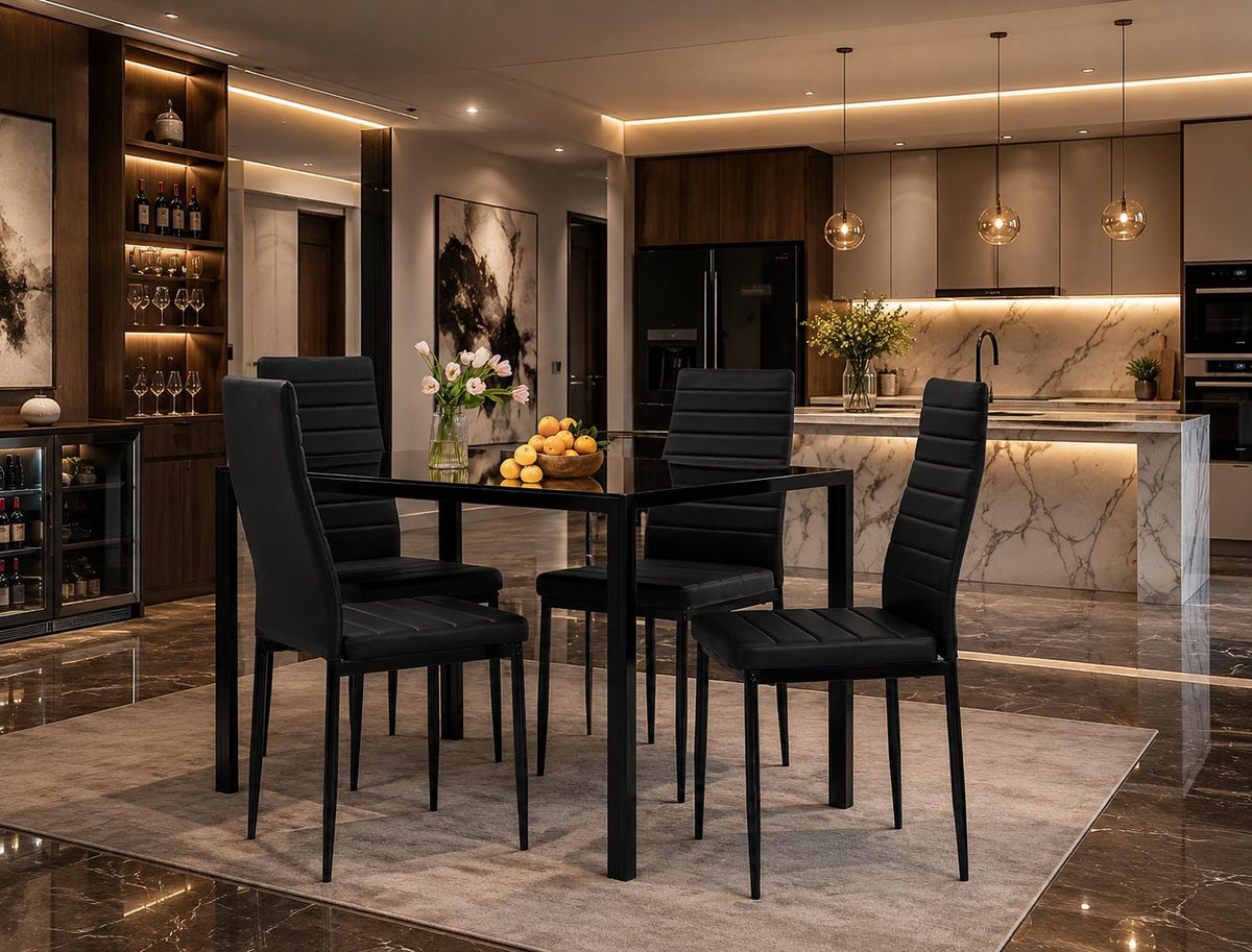 FDW 5-Piece Glass Dining Table Set for 4, Modern Black Kitchen Table 4 Upholstered Faux Leather Chairs, Space-Saving Dining Room Furniture,