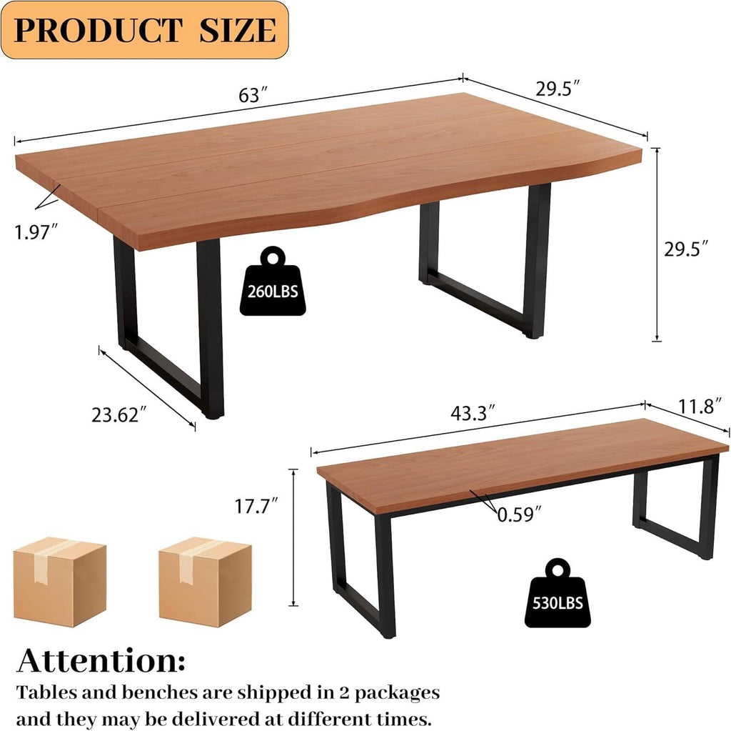 Modern Dining Table Set with 2 Benches, Seats 4-6, 63" Rectangular Kitchen Table