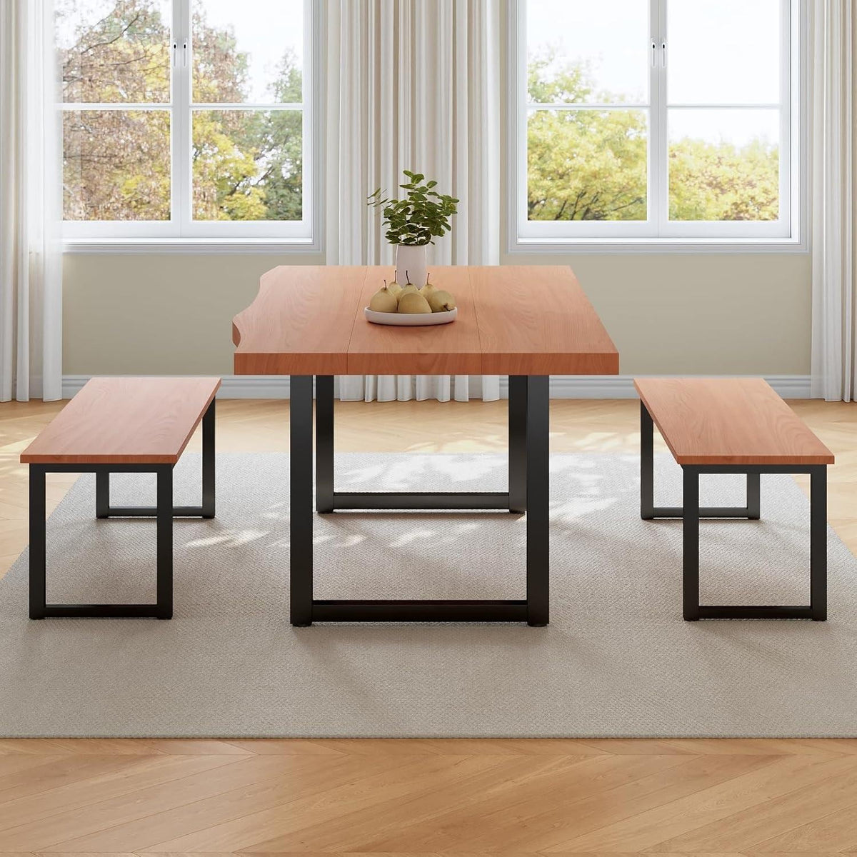 Modern Dining Table Set with 2 Benches, Seats 4-6, 63" Rectangular Kitchen Table