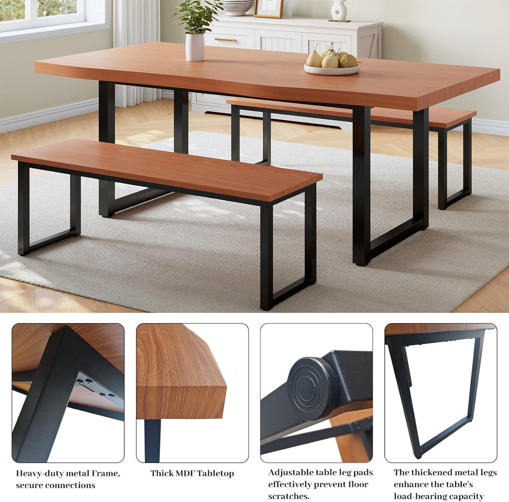Modern Dining Table Set with 2 Benches, Seats 4-6, 63" Rectangular Kitchen Table