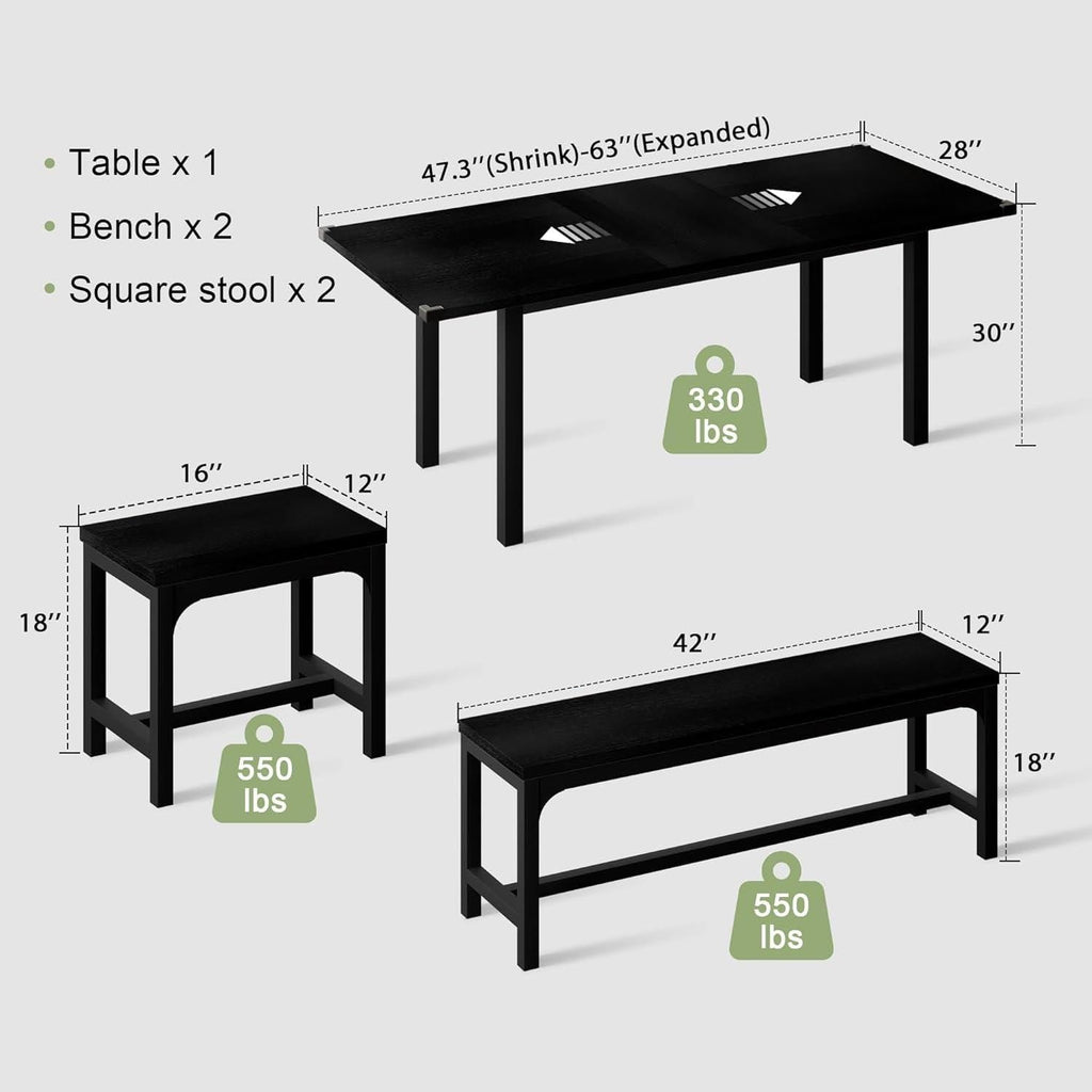 Extendable Dining Table Set for 4-8, 5-Piece Black MDF Wood Kitchen Furniture