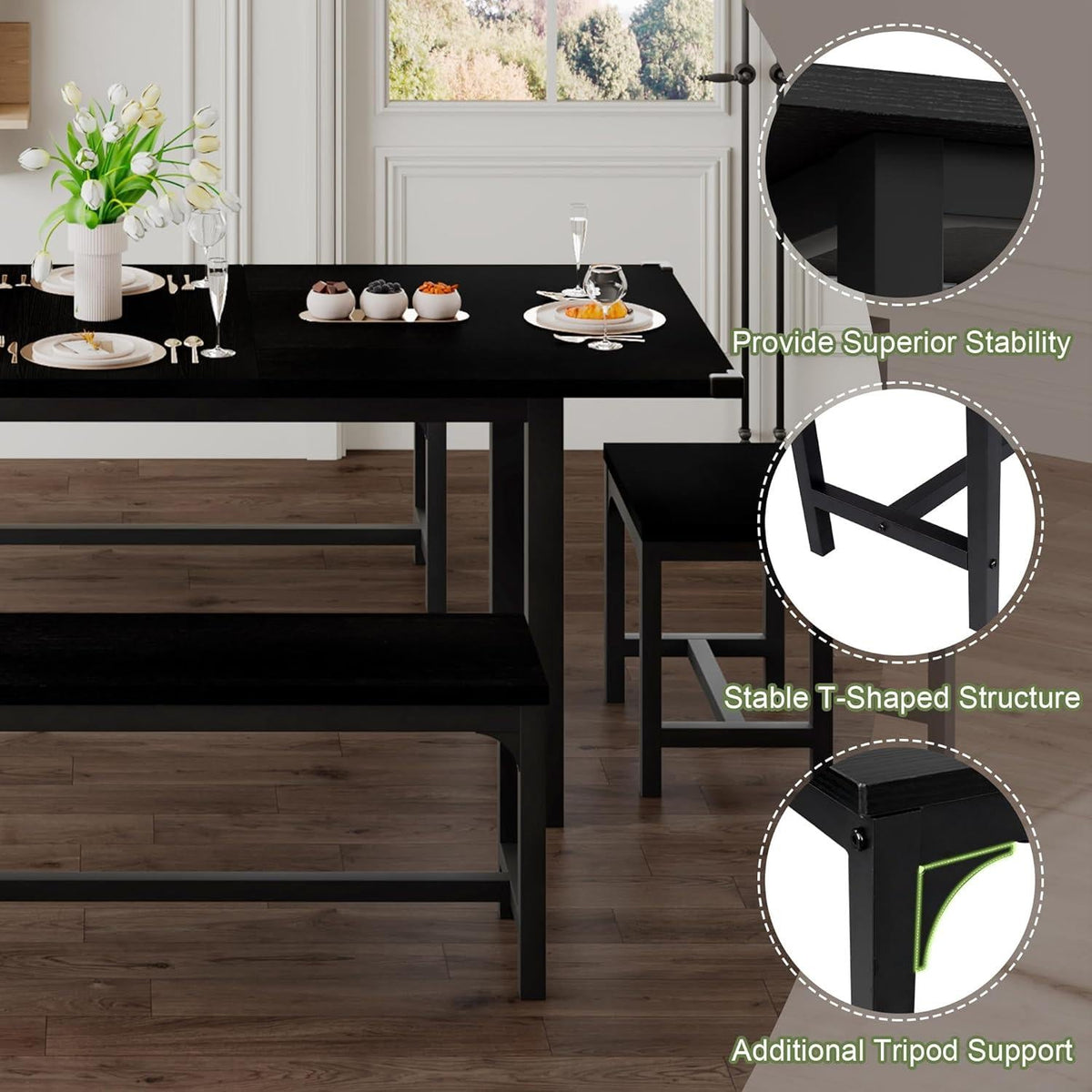 Extendable Dining Table Set for 4-8, 5-Piece Black MDF Wood Kitchen Furniture