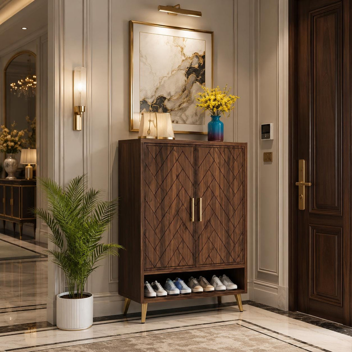 Walnut Shoe Cabinet with Doors, 6 Tier Shoe Storage Organizer, Entryway Shoe Rack Cabinet, Adjustable Shelves, Wooden Shoe Cabinet Hallway