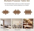 7-Piece Dining Table Set, 63" Extendable Kitchen Table with 6 Stools, Mid-Century Modern Design, Metal Frame, Space-Saving