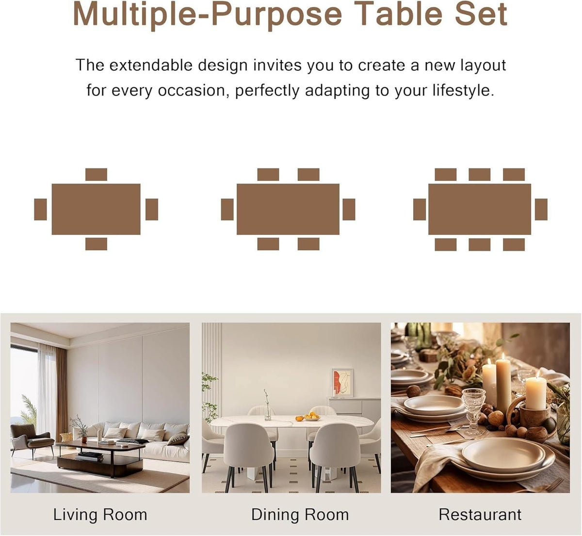 7-Piece Dining Table Set, 63" Extendable Kitchen Table with 6 Stools, Mid-Century Modern Design, Metal Frame, Space-Saving