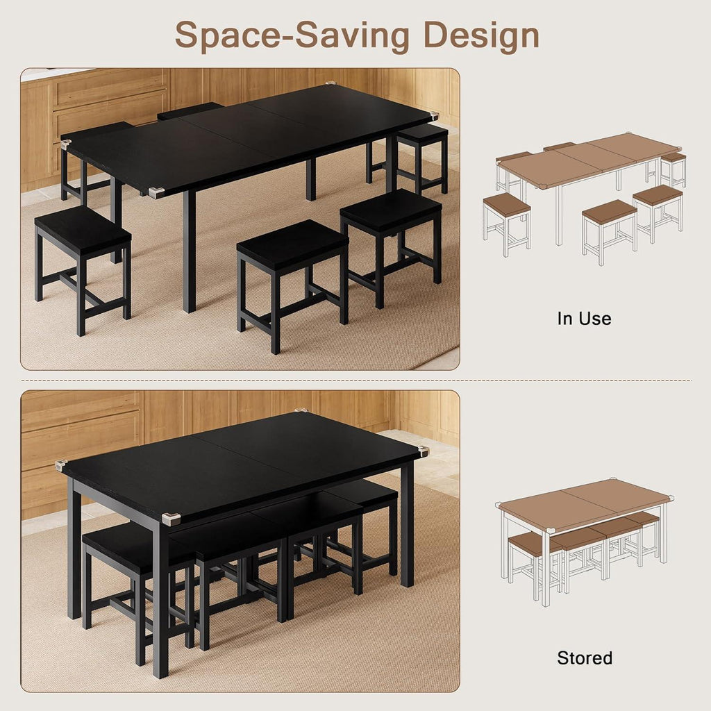 7-Piece Dining Table Set, 63" Extendable Kitchen Table with 6 Stools, Mid-Century Modern Design, Metal Frame, Space-Saving