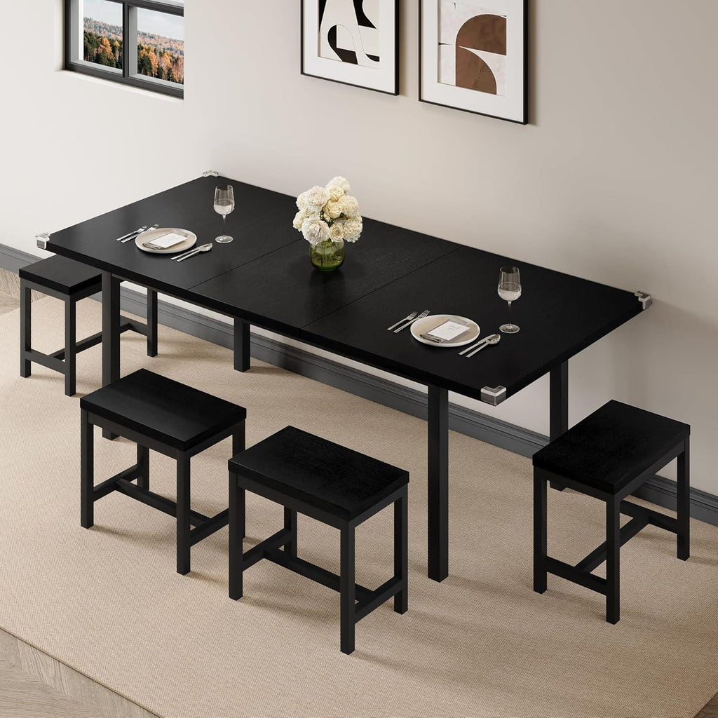7-Piece Dining Table Set, 63" Extendable Kitchen Table with 6 Stools, Mid-Century Modern Design, Metal Frame, Space-Saving