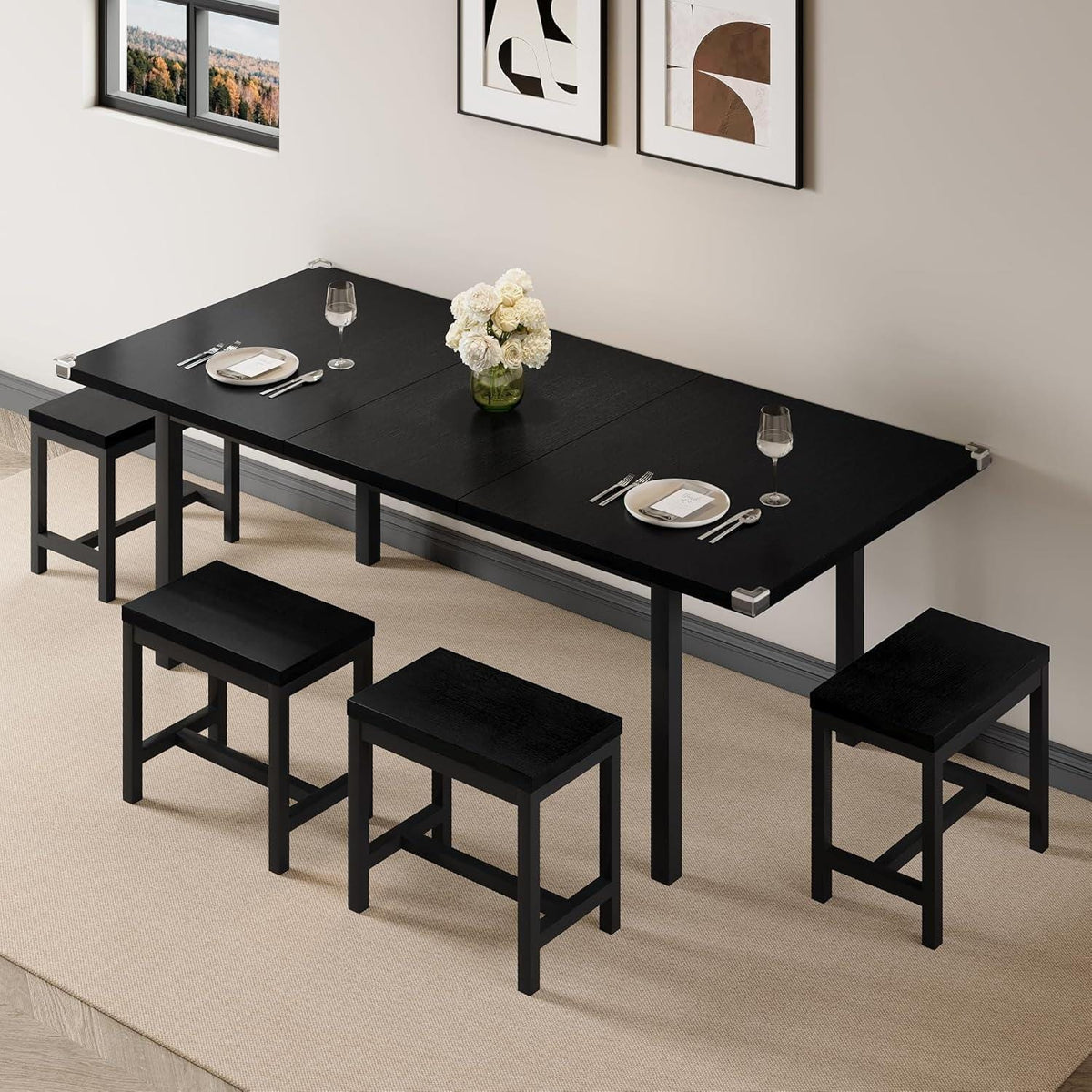7-Piece Dining Table Set, 63" Extendable Kitchen Table with 6 Stools, Mid-Century Modern Design, Metal Frame, Space-Saving
