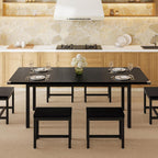 7-Piece Dining Table Set, 63" Extendable Kitchen Table with 6 Stools, Mid-Century Modern Design, Metal Frame, Space-Saving