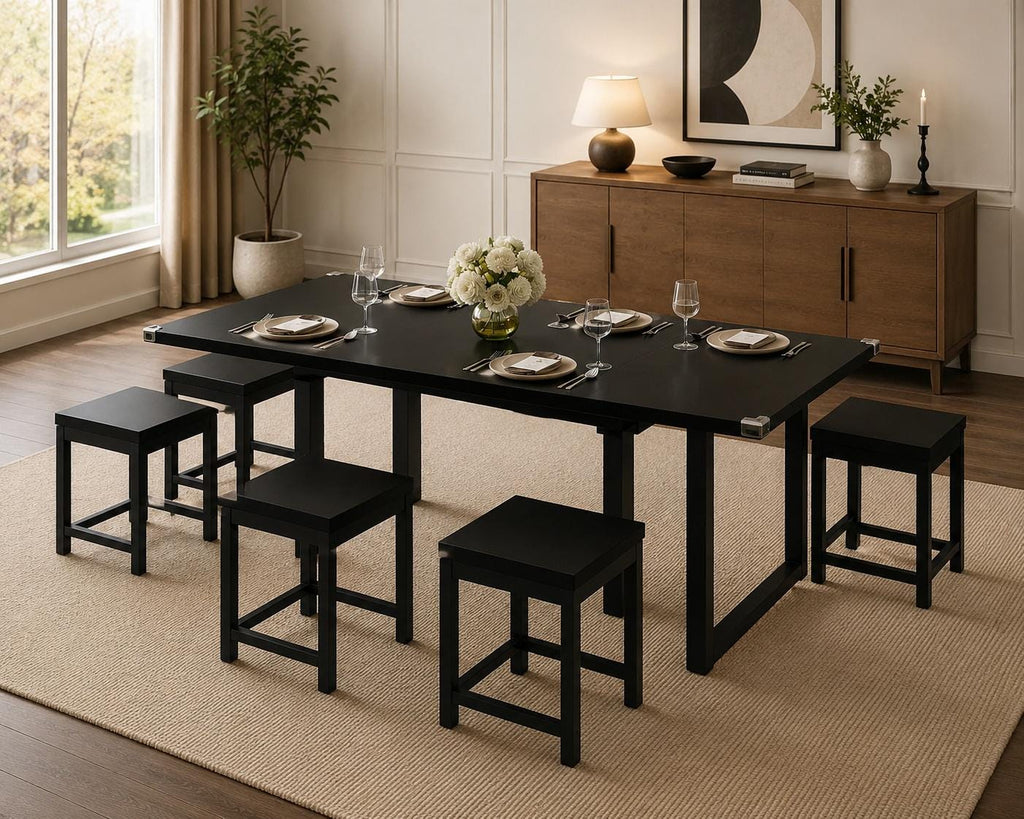 7-Piece Dining Table Set, 63" Extendable Kitchen Table with 6 Stools, Mid-Century Modern Design, Metal Frame, Space-Saving
