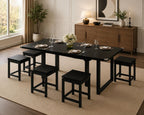 7-Piece Dining Table Set, 63" Extendable Kitchen Table with 6 Stools, Mid-Century Modern Design, Metal Frame, Space-Saving